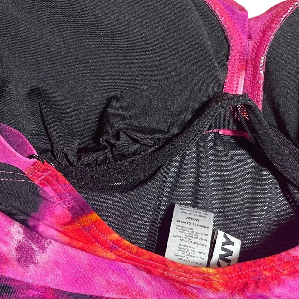 DKNY Womens Pink Abstract Watercolor Ruffle One Piece Swimsuit Underwire M NEW - Picture 4 of 7